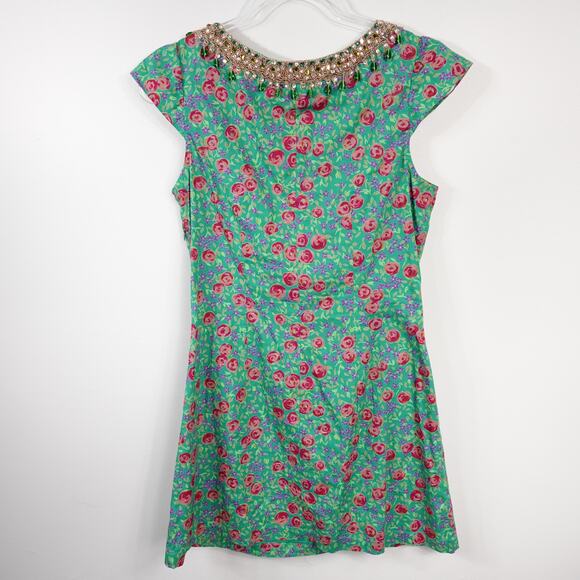 Vintage Plenty by Tracy Reese Green Floral Crystal Beaded Cotton Mini Dress 8 - Picture 5 of 16